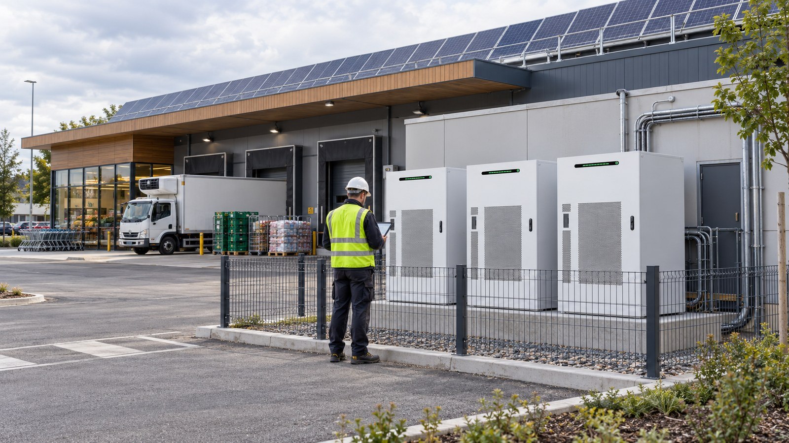 Illustration: battery storage cabinets at a supermarket with rooftop solar