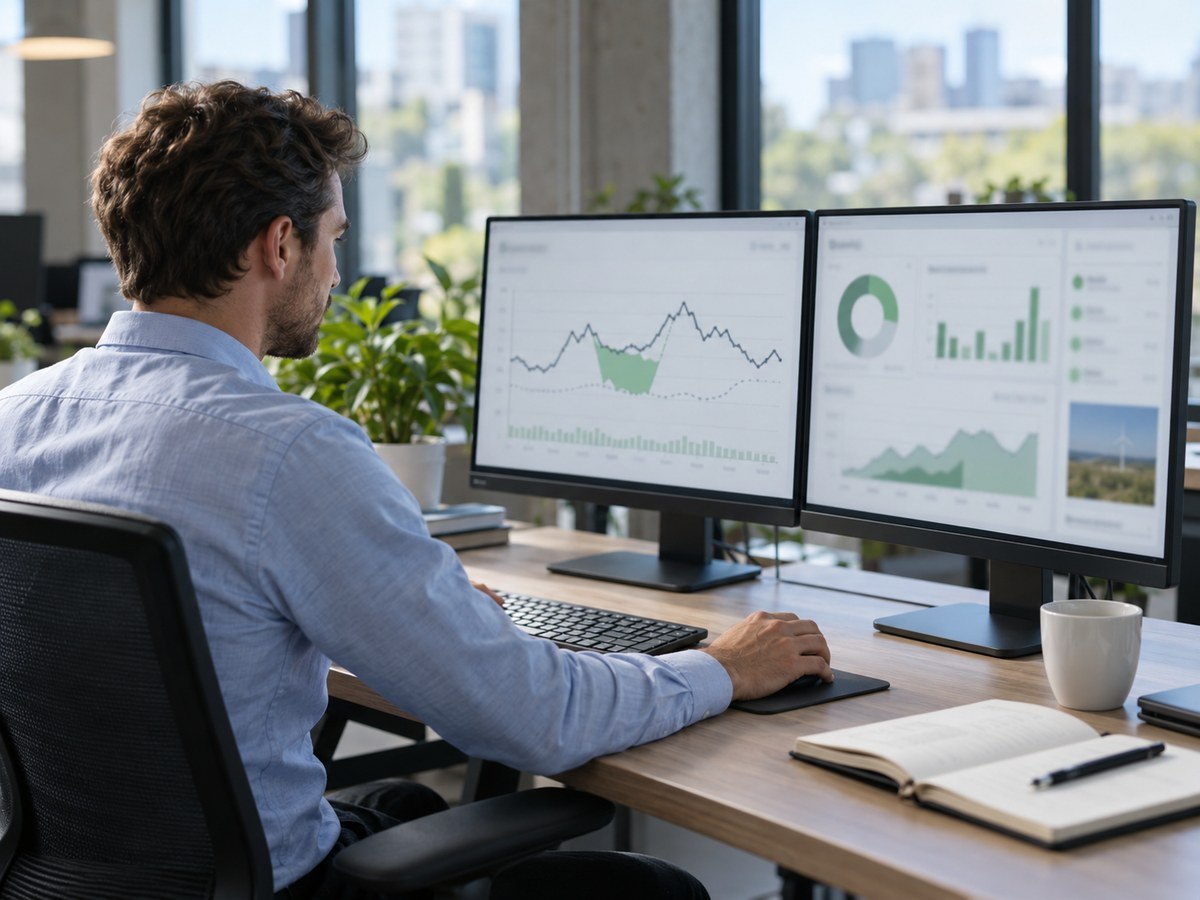 Energy engineer reviewing a site’s load curve on two screens