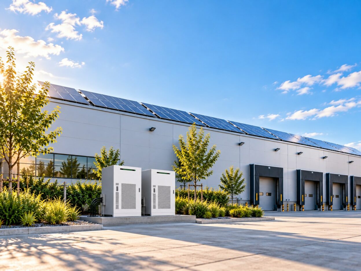 Battery storage cabinets beside a logistics warehouse with rooftop solar panels