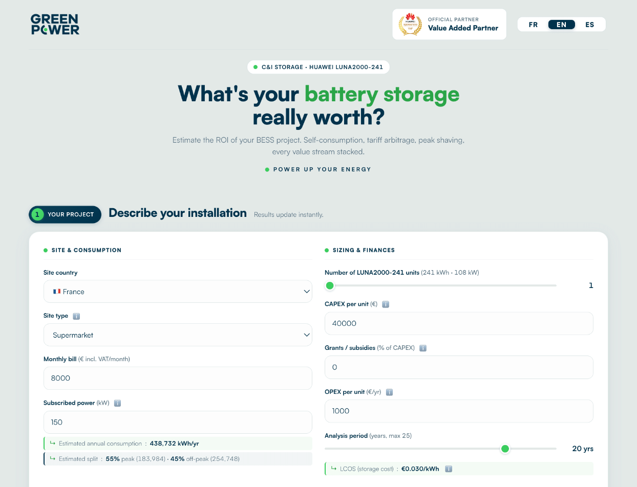 Battery ROI calculator for the Huawei LUNA2000-241: site, consumption and system inputs