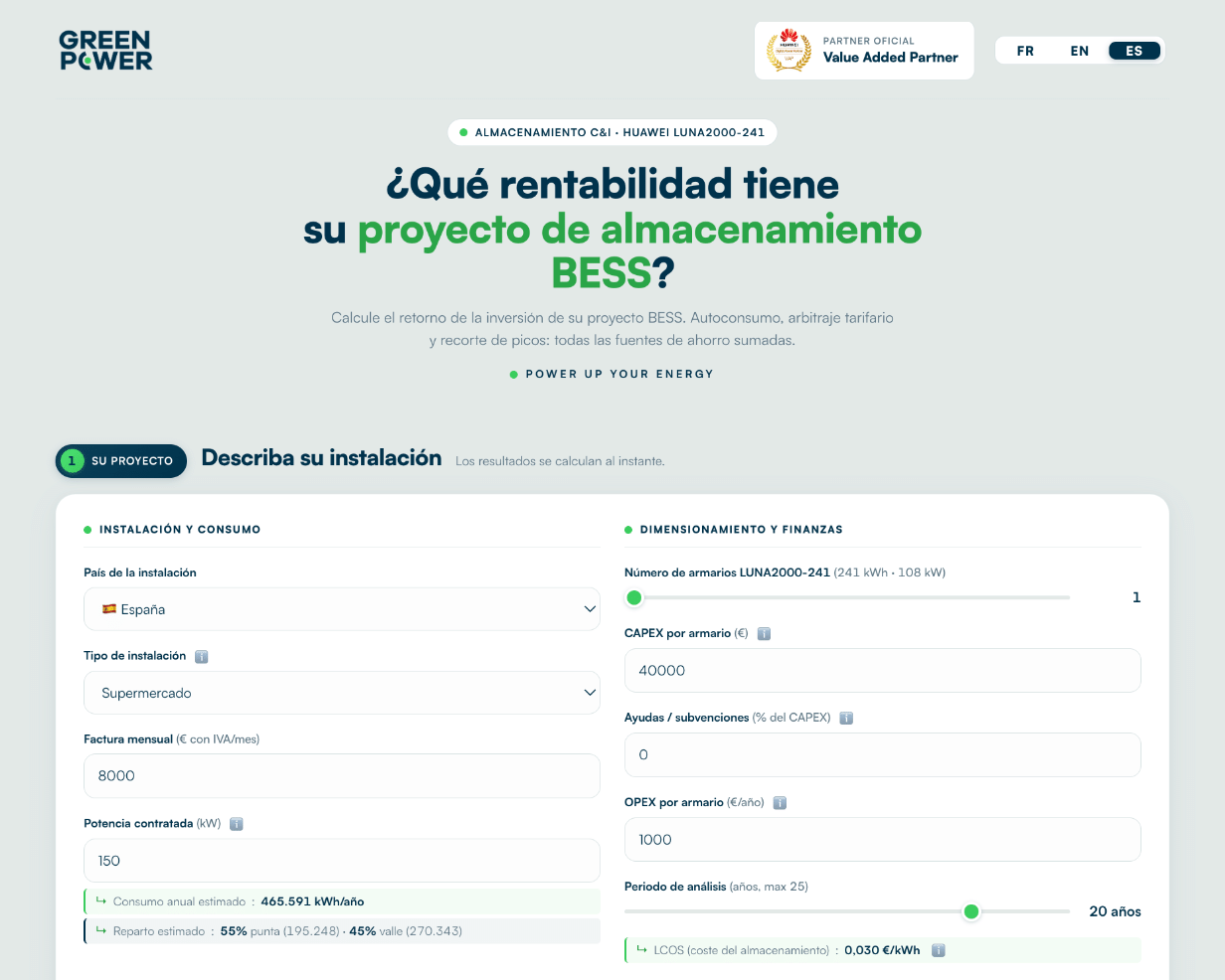 Calculadora ROI de baterías para el Huawei LUNA2000-241: datos de la instalación, el consumo y el sistema