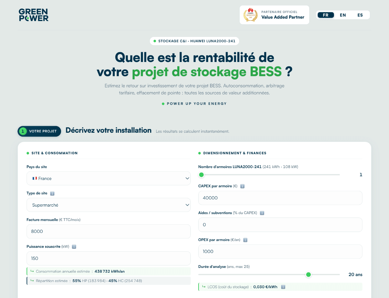 Simulateur ROI batterie pour le Huawei LUNA2000-241 : saisie du site, de la consommation et du système